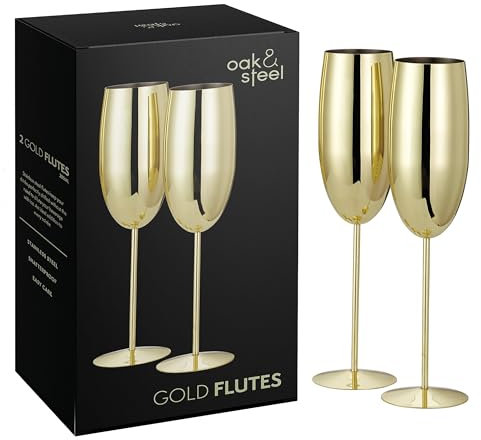 Oak & Steel 6 Gold Champagne Flutes, 280ml - Stainless Steel Gold Prosecco Glasses with Gift Box