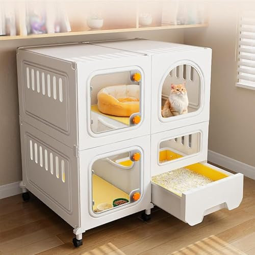 Gran condominio extraíble para gatos con caja de arena y ventana transparente para interiores con cerradura de perilla, espacio de ejercicio para 13 gatos, jaula de villa para gatos (70 x 45 x 78 cm)