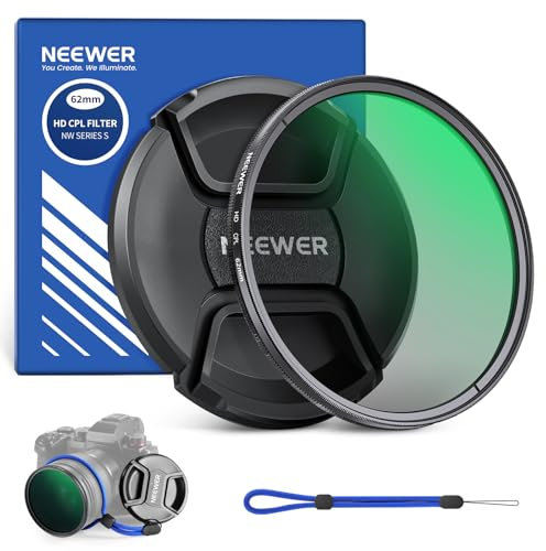 NEEWER Filtre CPL 62mm avec Capuchon Objectif, Filtre Polarisant Circulaire Ultra Fin Multi-résistant avec Revêtement Nano&verre Optique HD pour Objectif,Réduit Reflet&éblouissement,Augmente Contraste