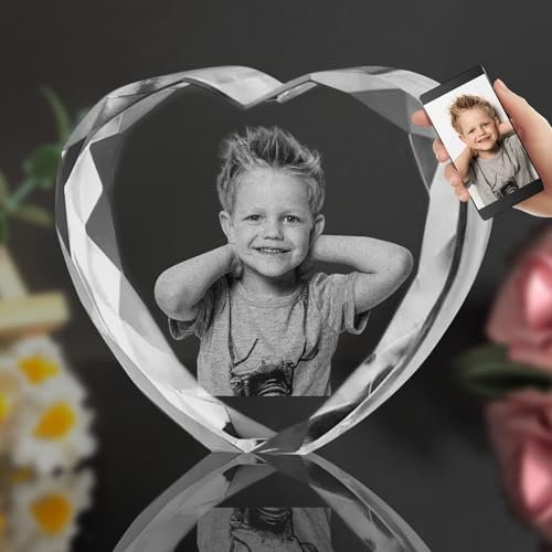 Foto de cristal 3D, Marco de fotos de cristal personalizado en forma de corazón, Grabado personalizado con su propia foto Regalo Aniversario Cumpleaños Boda Regalos para Familia Amigos Amantes