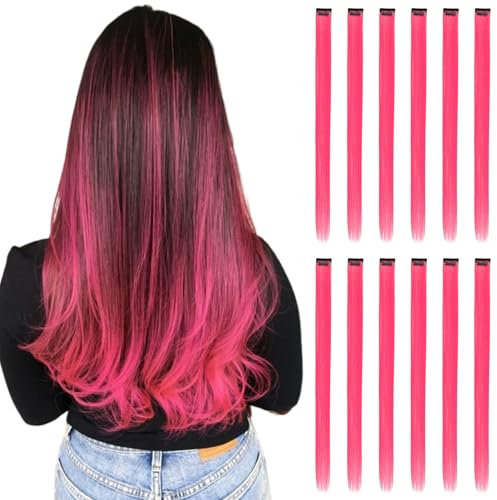 Extension Capelli Colorati con clip, 12 Pezzi, Rosa Fluorescente