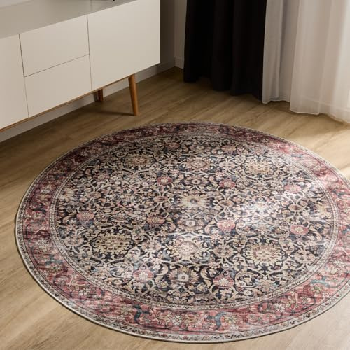 benuta Basic Waschbarer Teppich George - Multicolor/Rot 160 cm rund - Kunstfaser - rund & im Style: Vintage, Elegant, Retro - Pflegeleicht für Wohnzimmer Schlafzimmer