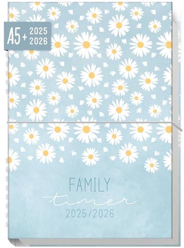 Häfft® Family-Timer 2025/2026 A5 Daisy Times Familienkalender 4 Spalten, Buchkalender Familienplaner für 18 Monate: Juli 25 bis Dez 26 - nachhaltig & klimafreundlich