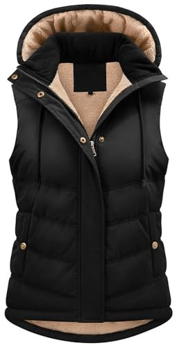 heekpek Gilet Donna Invernale Termico Imbottito Gilet in Pile Corto Piumino Senza Maniche con Cappuccio Giubbotto Smanicato con Cerniera e Tasche, Nero, L