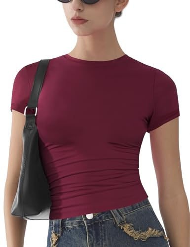 Womens Basic Short Sleeve Slim Fit T Shirts Soft Crewneck Crop Y2k Tees Summer Stretchy Cute Tops