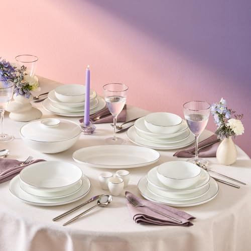 Karaca New Meridian 55-Piece Crockery Set for 12 People, Elegant Plate Set, Durable Bone China Tableware, White with Platinum Dinner Service