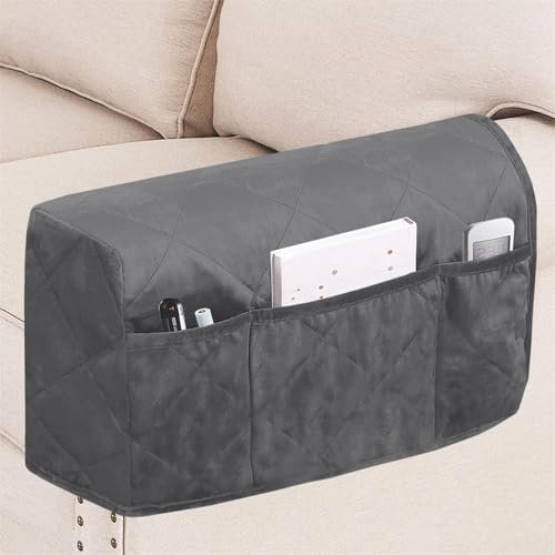 BXFUL Samt Armlehnenbezüge 2er Set mit Seitentaschen rutschfeste Sofaschoner für Hunde, Universell für Sofas, Sessel Liegesessel, Maschinenwaschbar (Grau)