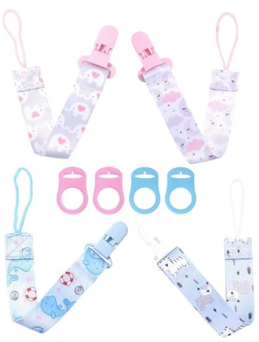 KEMUZ 4Pcs Ciuccio Catena per Bambini, con 4Pcs Ciuccio Clip Adattatore Catenella Porta Ciuccio, per Neonato Catenella Ciuccio Tessuto Adatto per Ciucci Giocattoli