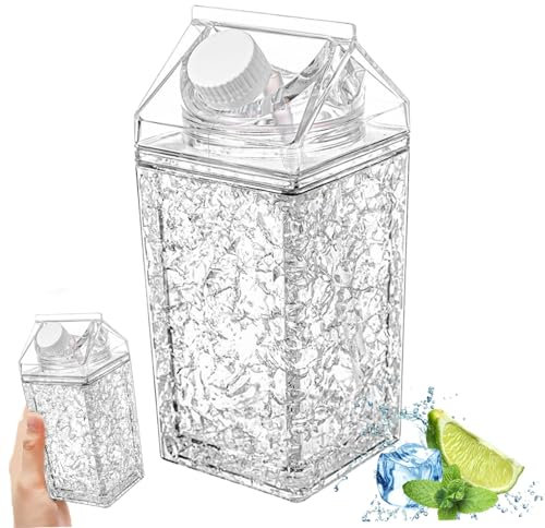 Milk Carton Water Bottles 14 Oz Double Walled Cooling Bottle with Refrigerant Materials Leakproof Clear Milk Carton Container Square Water Bottle for Outdoor Sports Travel Camping
