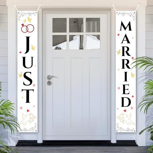 PartyYaa Just Married Banner Deko, Gerade Geheiratet Tür Banner für Hochzeit Fest, Liebesgeständnis, Valentinstag, Heiratsantrag, Brautdusche & Junggesellinnenabschied Dekoration