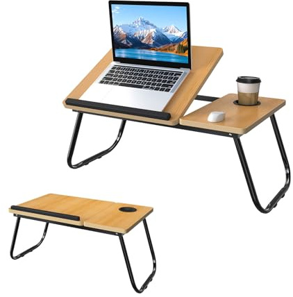 UISEBRT Laptoptisch höhenverstellbar mit 5 Neigungswinkeln und Klappfunktion tragbarer Betttisch mit Getränkehalter und Stabiler MDF-Platte Laptop Tisch für Bett Sofa und Boden, Walnussbraun
