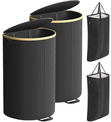 SONGMICS Wäschekorb 2er Set, Wäschesammler, je 90 Liter, Wäschetonne mit Deckel, Wäschesack herausnehmbar, für Waschküche, Schlafzimmer, Wohnzimmer, tintenschwarz-naturbeige ZH2506009