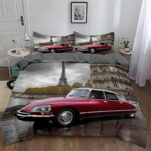 Bettwäsche 180 x 200 cm - Wendebettwäsche Bedding Retro Limousine Eiffelturm Grau Muster mit Reißverschluss Bettwäsche, 100% Mikrofaser Weich und Bügelfrei