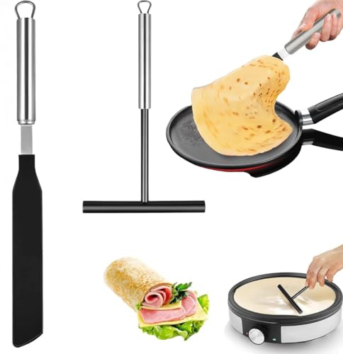 WUSJCOF Set per Crepes 2 Pezzi con Spatola e Distributore di Pastella in Acciaio Inox, Accessori per Crepe Maker, Utensili da Cucina per Pancake
