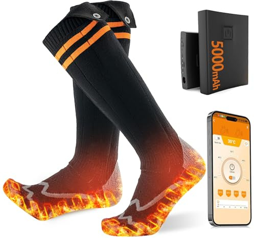 ROCKY&CHAO Beheizbare Socken Damen Herren, 5000 mAh Akku Heizsocken mit Powerbank, 4 Heizstufen Fußsohlenwärme, Waschbare Wärmesocken mit Wäschesack, Ideal für Winter Outdoor-Sport Fußwärmer