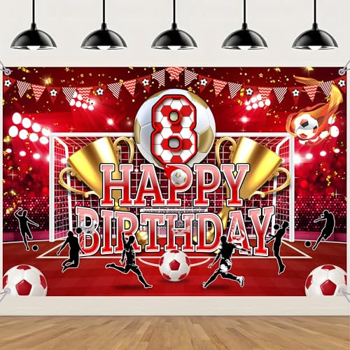 Fussball Deko 8. Geburtstag Banner Kinder - Rot Happy Birthday Fußball Geburtstagsdeko, Großes Fotografie Hintergrund für Jungen Mädchen Kindergeburtstag Sport Party Indoor Outdoor (180 × 110cm)