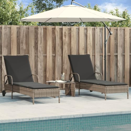 Hoopleep 2er Set Sonnenliegen Grau, Poly Rattan Gartenliege mit Rollen, Verstellbare Rückenlehne, UV-beständig, 61x200cm, für Outdoor Terrasse, Balkon, Pool