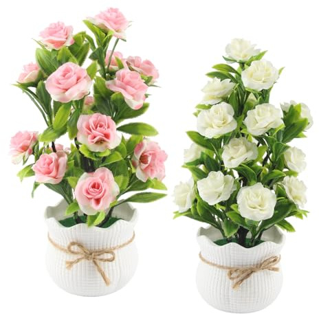 DBALL 2 Stücke Set Kunstblumen Im Topf 33 cm Hoch Künstliche Blumen Realistische Kunstblumen Geeignet für Schreibtisch Wohnung Büro und Hochzeitsfeiern (Rosa und Weiß)