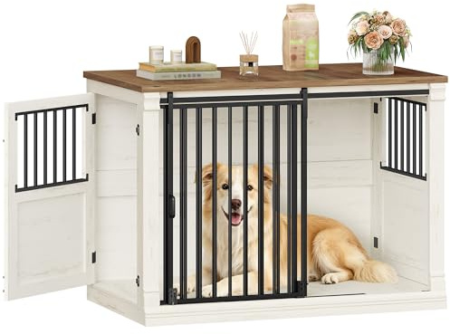 HEXCELEN 121cm Hundekäfig-Möbel, Hundebox für Zuhause mit 3 Türen | Hundebox Holz, Schiebetüren, für Kleine, Mittlere, Große Hunde, Robuster, Beistelltisch, Weiß Braun 121 x 75 x 87,5 cm