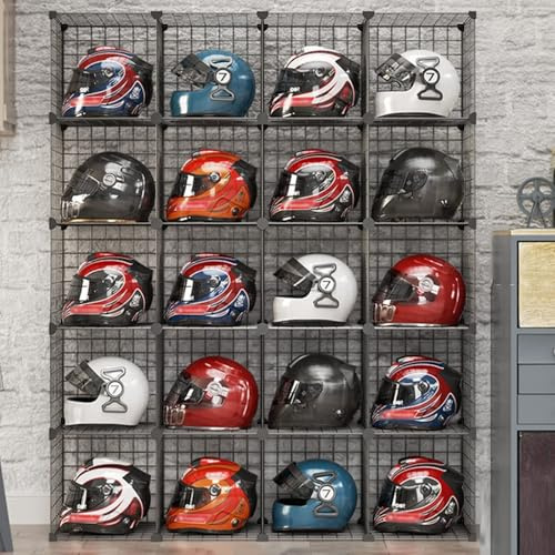NZVZGKTNTW Multi-Purpose Helmet Rack Stand ， Floor-Standing Metal Bike Helmets Holder With Shoe Bag Shelf ， Grids Storage Bins For Closet Cabinet ， Hat Display Case(20 Cubes)