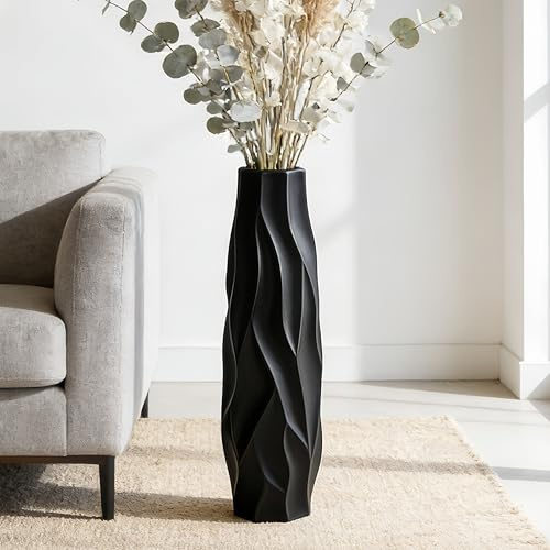Duoqulou 60cm Schwarze Keramik Bodenvase,24 Große Dekorative Vase für Wohnzimmer, Büro, Schlafzimmer, Ideal für Pampasgras, Moderner Stil, Glänzende Oberfläche