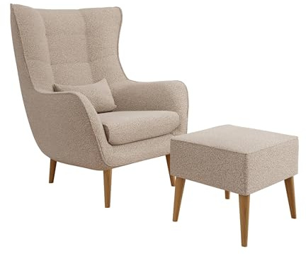 Mirjan24 Sessel Lucio Boucle, Polstersessel, Armsessel, Armchair, Relaxsessel, Fernsehsessel, Loungesessel, Top-Qualität Sitzmöbel, Ohrensessel (Lambi 06, mit Hocker)
