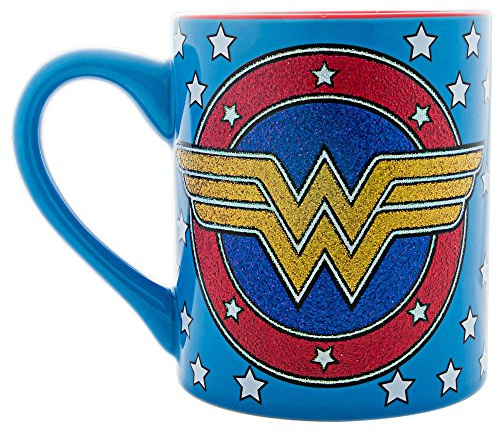 DC Comics WW110232G Wonder Woman Stars & Logo Glitter Ceramic Mug, 14-Ounces, Blue and Red