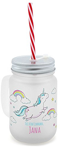 printplanet® - Trinkglas mit Henkel und Strohhalm - Bedruckt mit Namen Jana Layout Fliegendes Einhorn - Henkel-Glas satiniert mit Deckel und Mehrweg-Trinkhalm