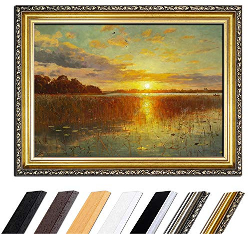 Bilderdepot24 Bild mit Rahmen - Peder Mork Mönsted Sonnenuntergang über einem dänischen Fjord 50x40 cm - Gerahmtes Leinwandbild Alte Meister - Antiker Rahmen Gold Barock, Klassisch