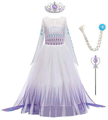 IWEMEK Filles Déguisements Princesse Elsa Robe et Accessoires Reine des Neige 2 Costume de Carnaval Halloween Noël Robes de fête Soirée Anniversaire Cérémonie Partie Habillée B-Violet Set 7-8 Ans
