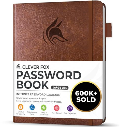 Clever Fox Passwortbuch mit Registerkarten - Adress- und Passwort-Organisationsbuch mit alphabetischen Registerkarten - Großes Passwortbuch für Computer- und Website-Logins, Braun