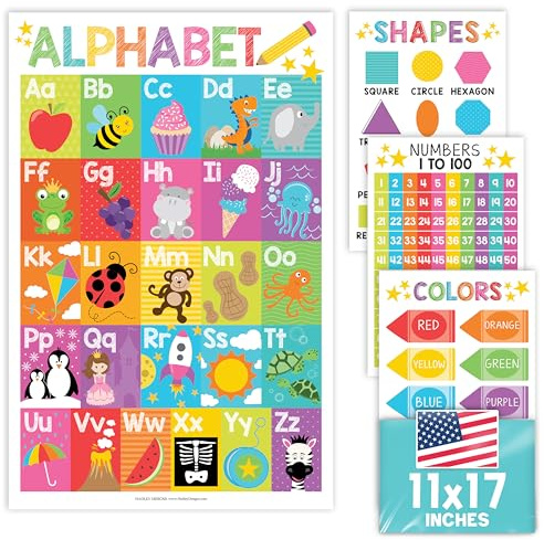Hadley Designs 4 Alphabete, Anzahl 1–100 Zahlen, Farben, 2D-3D-Formen, ABC-Poster, Wanddekoration, Zähl-Lerntabelle für Kindergarten, Klassenzimmer, Prek Homeschool, laminiertes Lernzubehör, 28 x 43