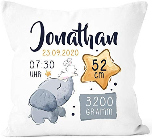 SpecialMe® personalisierbarer Kissen-Bezug zur Geburt Elefant Hase Stern Geburtskissen Geschenk Geburt Baby weiß 40cm x 40cm