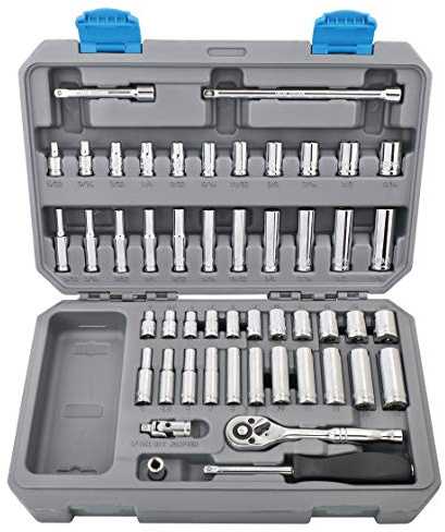 Apollo DT0004 Metrisches und SAE-Steckschlüssel-Set, kompakt, 50-teilig, mit 72 Zähnen Ratsche und Chrom-Vanadium-Stahlkonstruktion, blau/grau