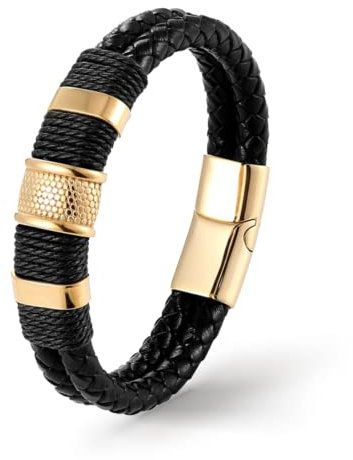 UNIQAL | Lederarmband Herren Premium Style Mens Bracelet | Gratis Geschenk Box | Echtleder, Edelstahl (Gold, 23)