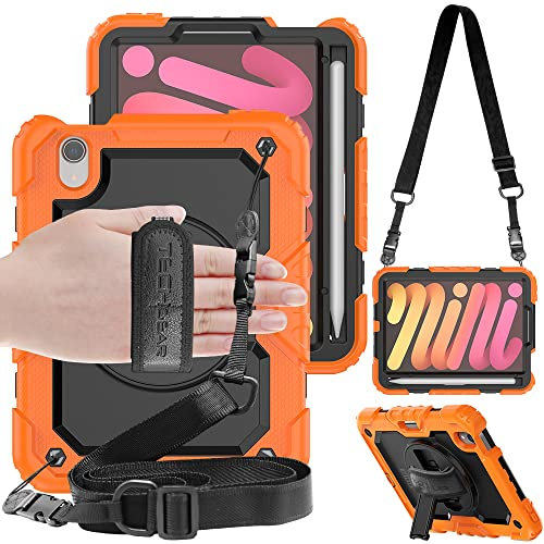 TECHGEAR UTILITY Case for iPad Mini 7/6, 8.3 - Tough Rugged HEAVY DUTY Armour Shockproof Case with 360 Rotating Stand, Hand and Shoulder Strap - Orange