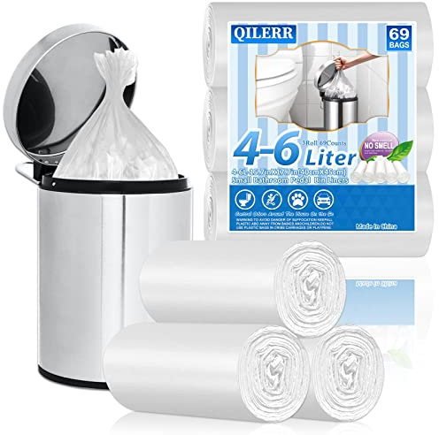 QILERR Bolsas de basura pequeñas de 4 a 6 L, 69 unidades, mini bolsa de basura de plástico transparente, bolsa de basura con pedal antigoteo para dormitorio, inodoro, cocina, 6 L, color blanco