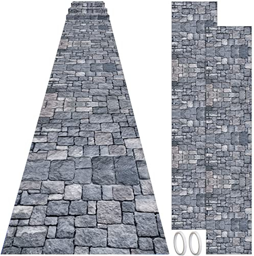 Fabbay 2 Pack 10ft Cobblestone Aisle Runners Medieval Party Decorations Polyester Brick Stone Printed Floor Runners for Medieval Castle Knight Themed Party Supplies Castle Table Cover