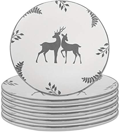 Christmas Dinner Plate Set of 6 - Hand Painted Grey & White Reindeer Stoneware Crockery Dinner Service Dishwasher & Microwave Safe Christmas Plates Set Xmas Dinnerware Table Serving Plates