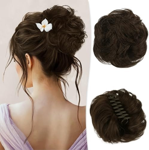 RUWISS Moño Postizo Desordenado con Pinza para Extensiones de Coleta 100% Cabello Humano Ondulado y Rizado Scrunchies de Cabello Humano Genuino con Clip para Mujeres Niñas (Marrón Natural)