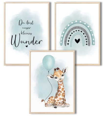 MeinBaby123® I Bilder Kinderzimmer | 3er Set DIN A4 Poster Set | Wandbilder | Kinderzimmer Poster | Deko Bilder Kinderzimmer Mädchen und Jungen | Wandposter Premium (Giraffe & Luftballon mint)