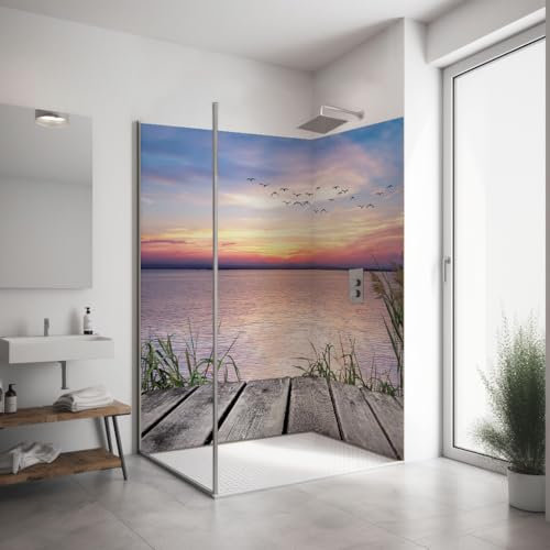 ORIGINAL PlateART Eck-Duschrückwand, 2 Platten à 90x200 cm, Wandverkleidung, Wandbild, Rückwand Alu-Dibond OHNE FUGEN, Fliesenersatz, Maritim Steg Abendstimmung - Made in Germany