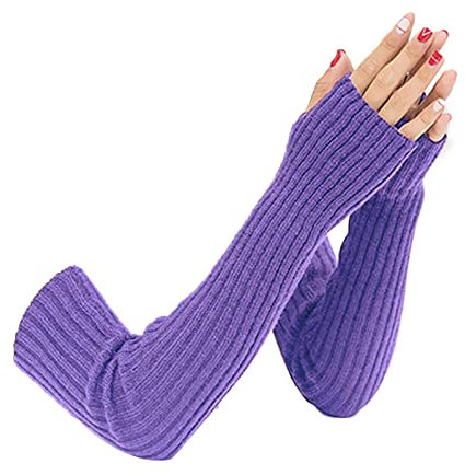 SUNTRADE Damen Mädchen Strick Weiche Dehnbare Fingerlose Handschuhe Armstulpen Lange Handschuhe, Violett, Medium