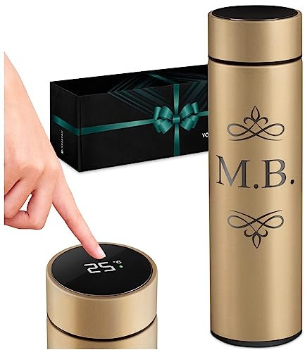 Maverton Thermos caffè 450 ml - tazza termica incisione personalizzata in acciaio inox - thermos coperchio ermetico one-touch - borraccia con display led - per uomo - gold - Iniziali