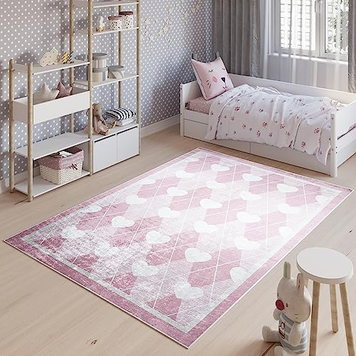 TAPISO Emma Kinderteppich Rosa Weiß Herz Antirutsch 140 x 200 cm | Waschbar bei 30 Grad bedruckter Kinderteppich Kinderzimmer Jugendzimmer Modern OEKO-TEX