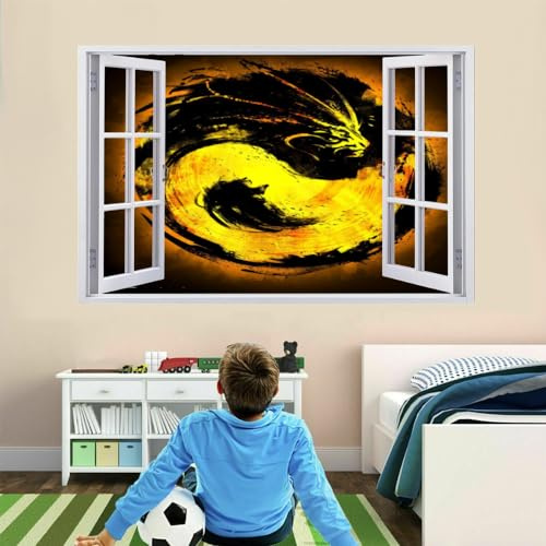 3D Wanddurchbruch Wandtattoo Yin Und Yang Mädchen Wandaufkleber Drachen Junge Wandsticker Wanddeko Selbstklebend Vinyl Wandbild für Wohnzimmer Schlafzimmer Flur Kühlschrank 90x60cm