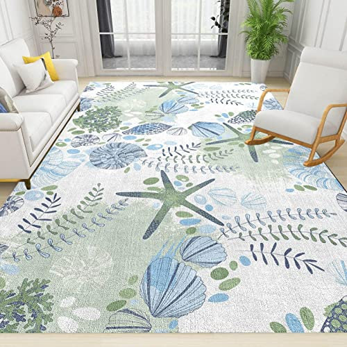 BEIGGA Maritimer KüSten Teppiche Gegend, Bedruckter Teppich Mit GrüNem Strandmotiv, für Eingangsbereich Innen Schlafzimmer Kinderzimmer,180 x 240 cm