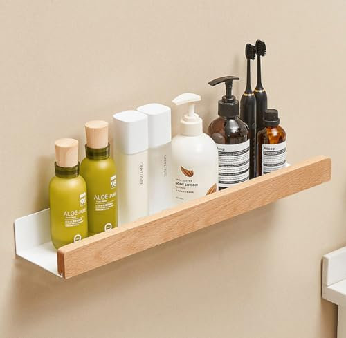 An der Wand montiert Schwimmend Metallregal Ledge,Weiß Badezimmer Regal Wandhalterung Regal dekorieren mit Massivholz Kanten Platzeinsparung Rostfest Extra stark Schwebende Regale Lagerregal(50CM)