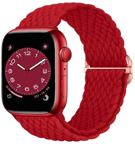 Nepfaivy Bracelet Tressé Compatible avec Apple Watch Bracelet 38mm 40mm 41mm 42mm Femme Homme, Bracelet en Nylon Elastique Sport Réglable pour watch SE/Ultra/Series 10/9/8/7/6/5/4/3/2/1, Rouge