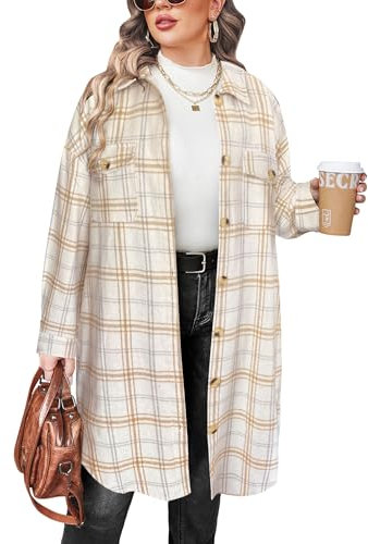 IN'VOLAND Damen Übergröße Flanell Plaid Shirts Langarm Lounge Revers Boyfriend Button Down Tartan Lange Jacke Mäntel, Beige, 56 Plus